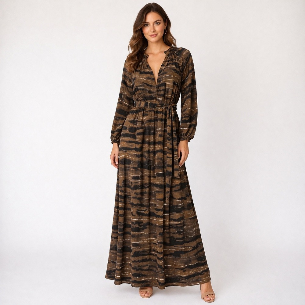 Cloth & Stone Midi Dress XS Chestnut Brown Tie Dye V-Neck Long Sleeve Boho